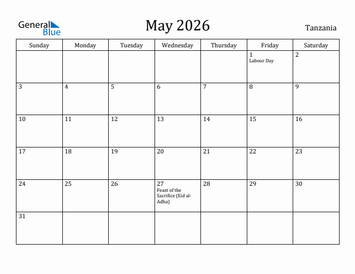 May 2026 Calendar Tanzania