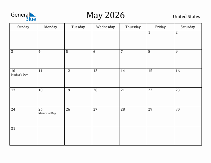 May 2026 Calendar United States