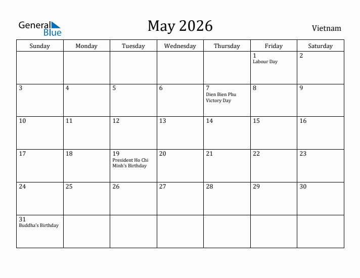 May 2026 Calendar Vietnam