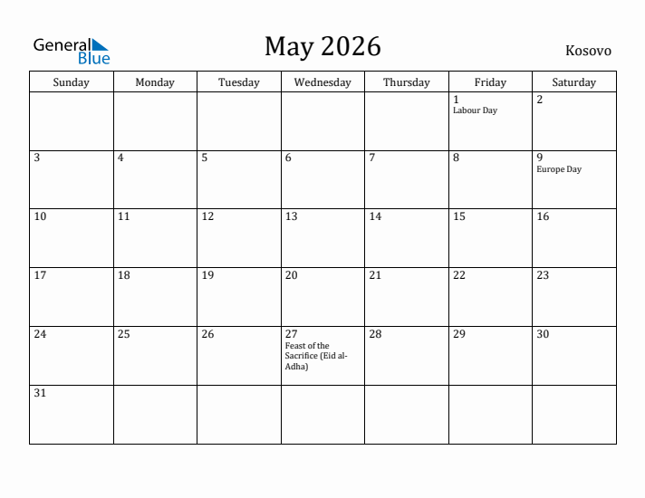 May 2026 Calendar Kosovo