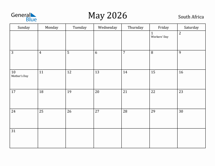 May 2026 Calendar South Africa