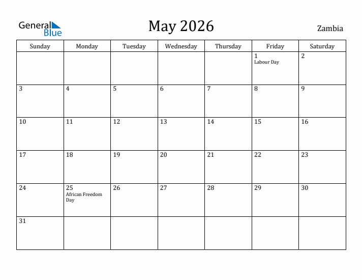 May 2026 Calendar Zambia