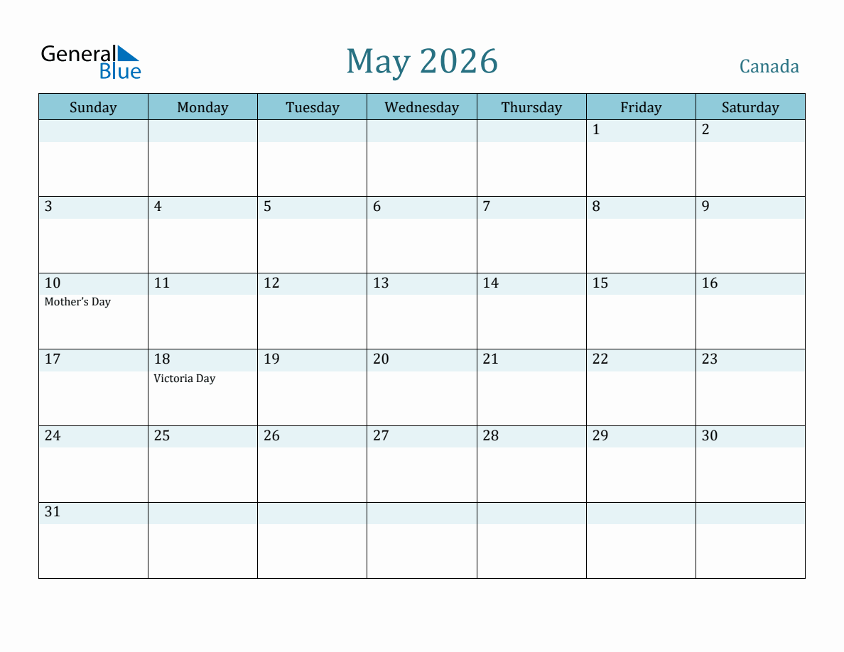 Canada Holiday Calendar for May 2026