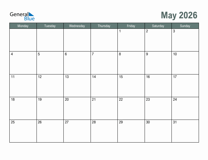 Free Printable May 2026 Calendar