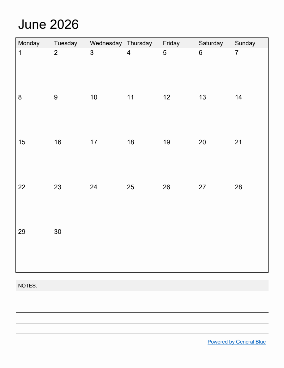 Free Printable Monthly Calendar for June 2026