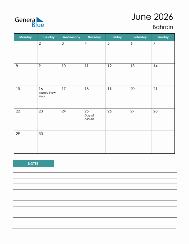 Calendar with Notes Printable - Monday Start