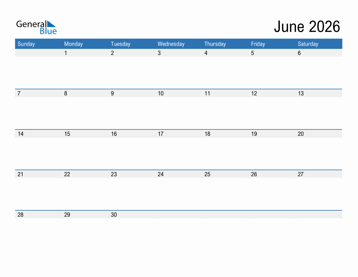 June 2026 Monthly Calendar (PDF, Word, Excel)