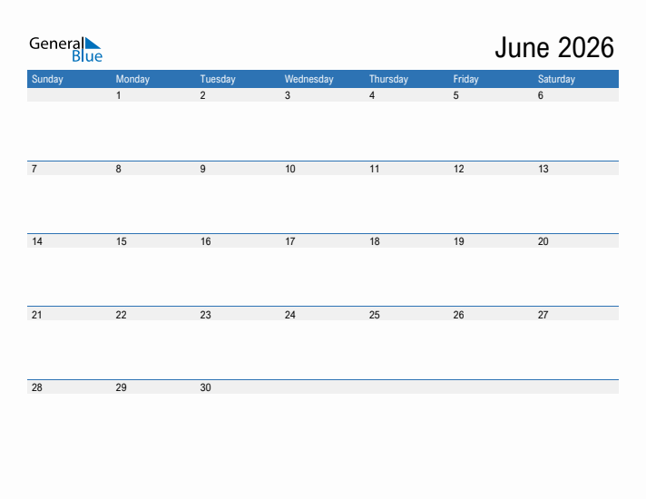 Fillable Calendar for June 2026