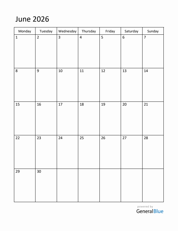 Monday Start Calendar for June 2026
