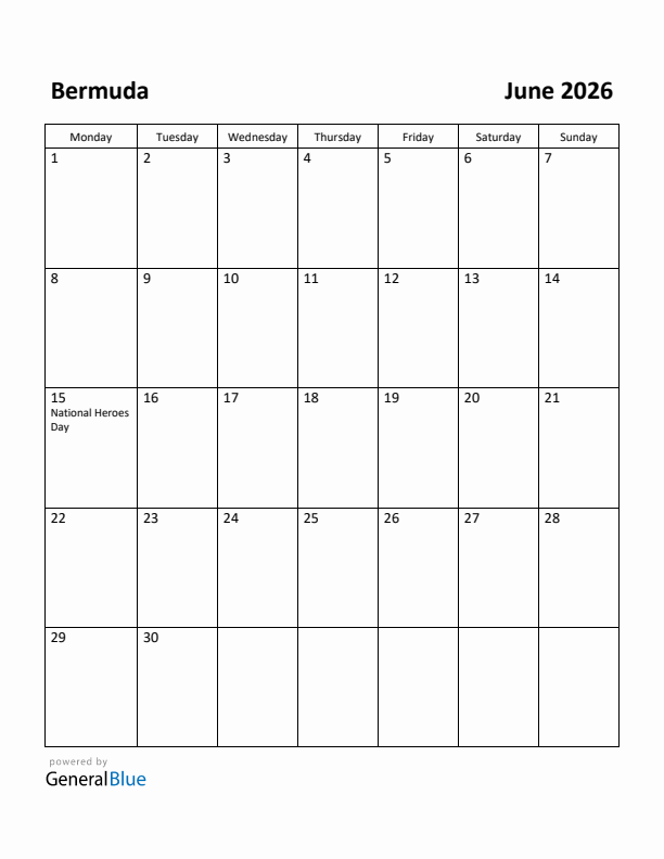 June 2026 Calendar with Bermuda Holidays