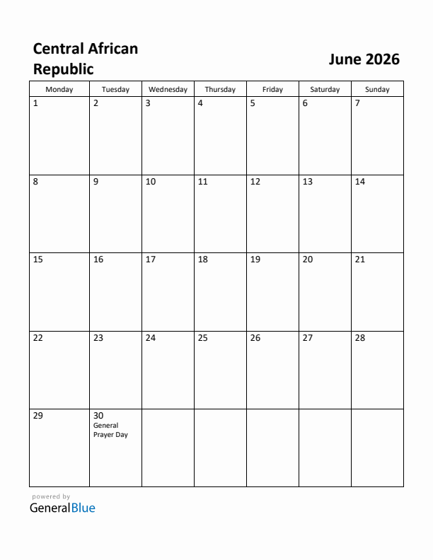 June 2026 Calendar with Central African Republic Holidays