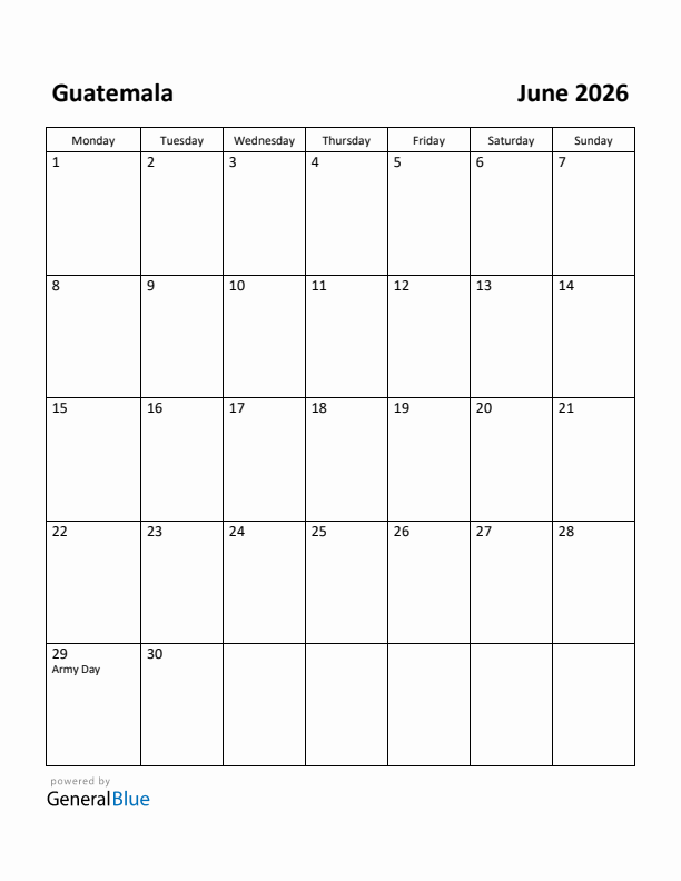 June 2026 Calendar with Guatemala Holidays