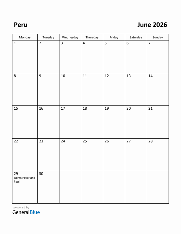 June 2026 Calendar with Peru Holidays