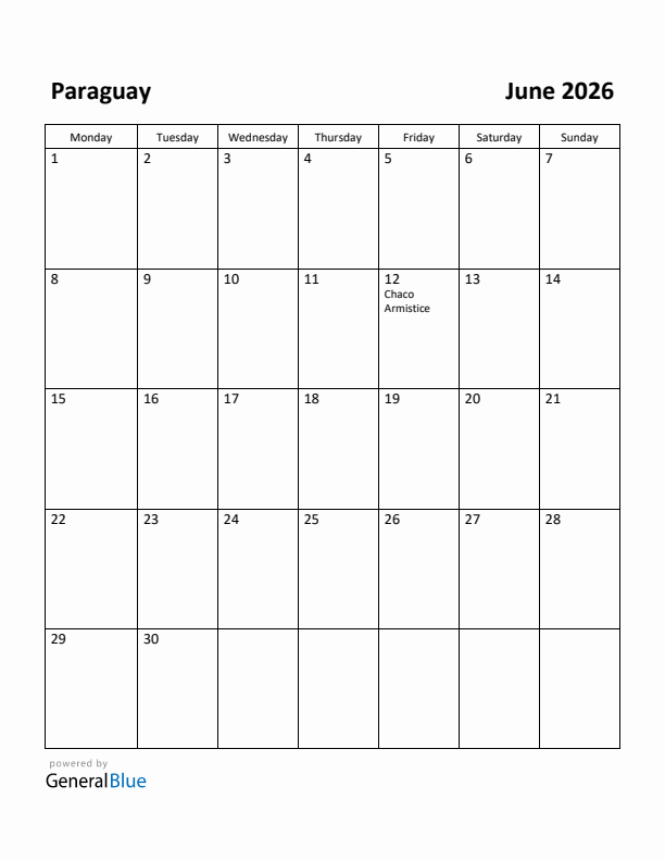 June 2026 Calendar with Paraguay Holidays