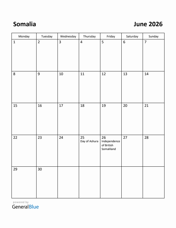 June 2026 Calendar with Somalia Holidays
