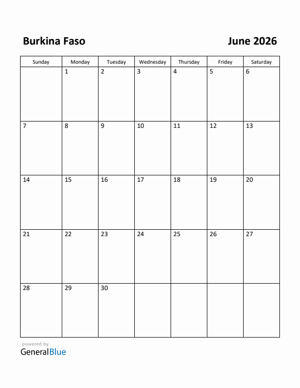 June 2026 Calendar with Burkina Faso Holidays