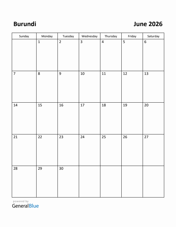 June 2026 Calendar with Burundi Holidays