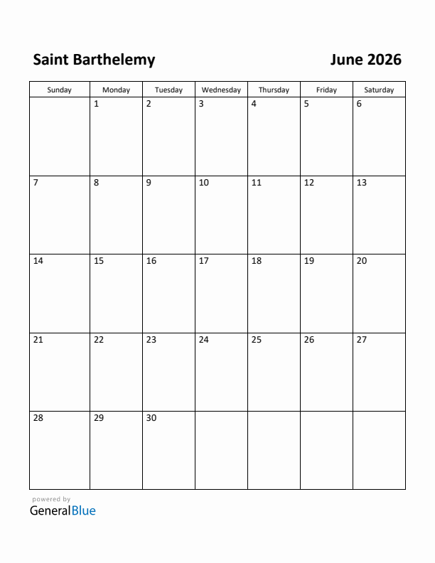 June 2026 Calendar with Saint Barthelemy Holidays