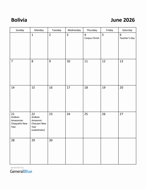 June 2026 Calendar with Bolivia Holidays
