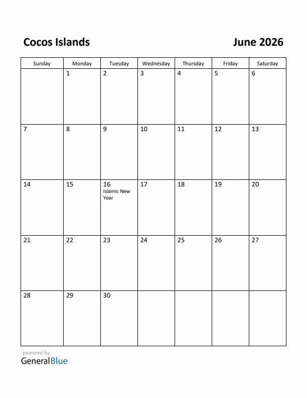 June 2026 Calendar with Cocos Islands Holidays