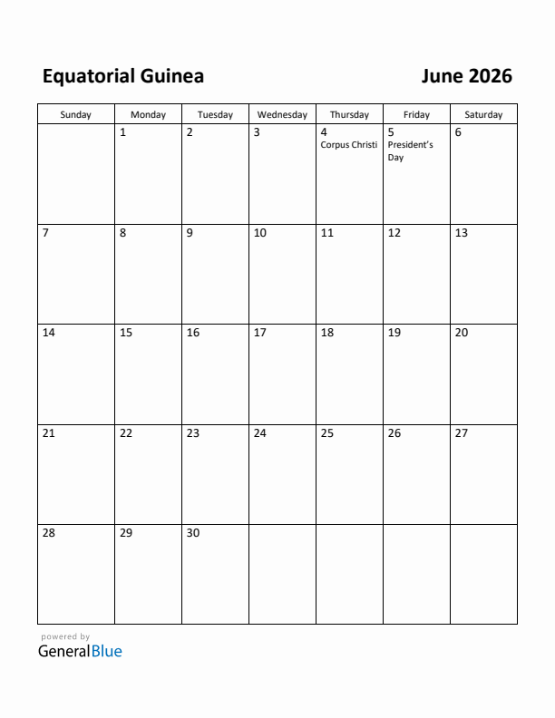 June 2026 Calendar with Equatorial Guinea Holidays
