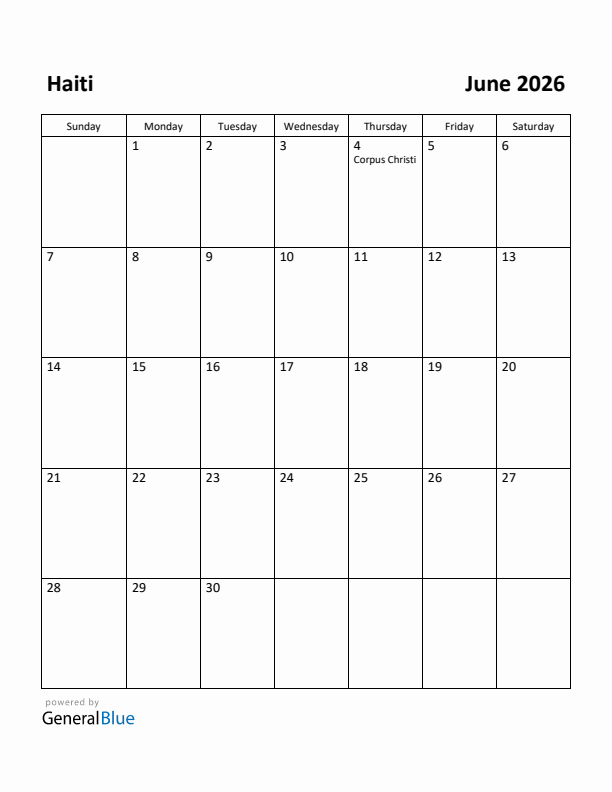 June 2026 Calendar with Haiti Holidays