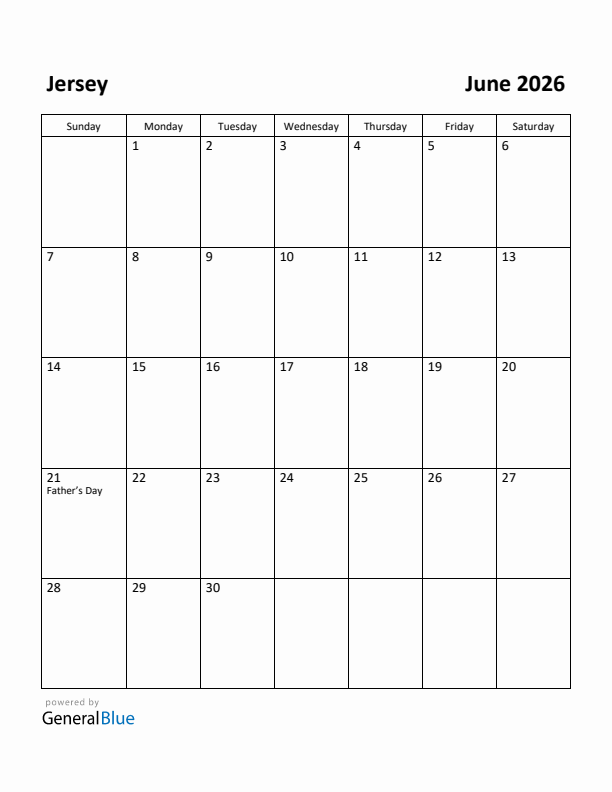 June 2026 Calendar with Jersey Holidays