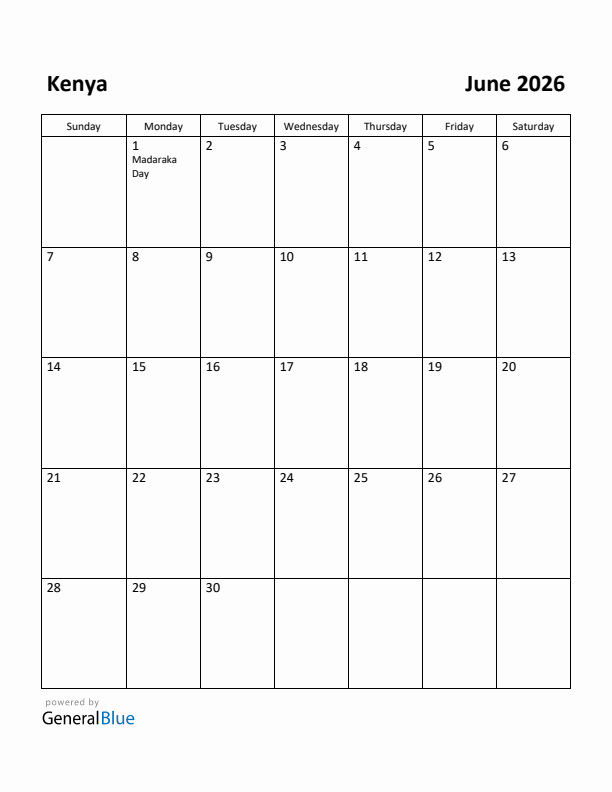June 2026 Calendar with Kenya Holidays