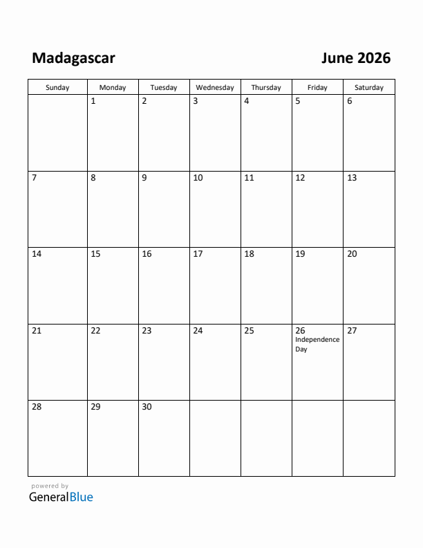 June 2026 Calendar with Madagascar Holidays