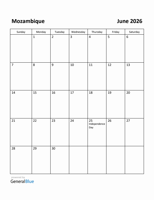 June 2026 Calendar with Mozambique Holidays