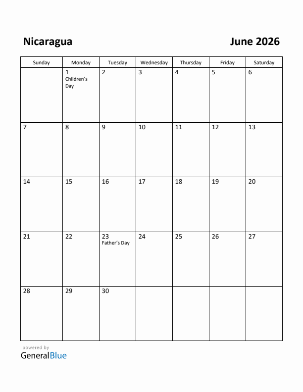 June 2026 Calendar with Nicaragua Holidays