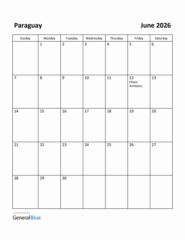 June 2026 Calendar with Paraguay Holidays