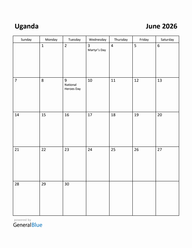 June 2026 Calendar with Uganda Holidays