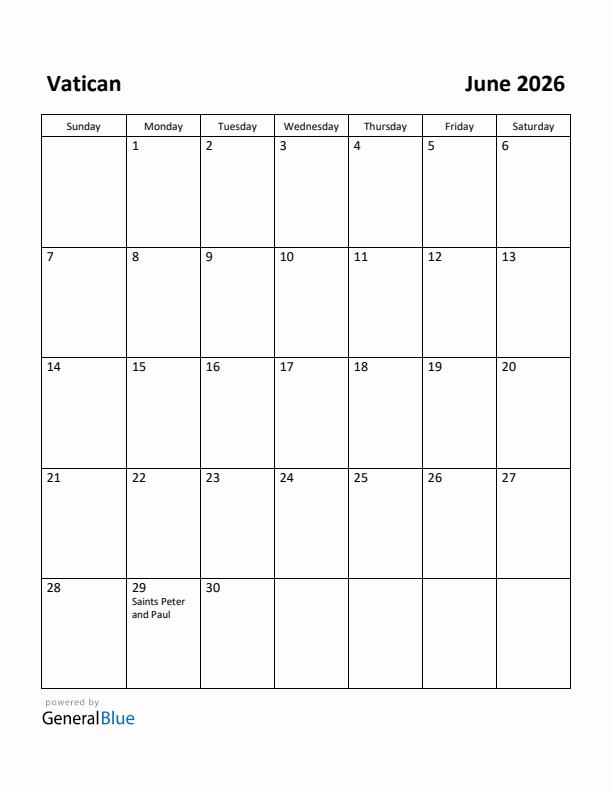 June 2026 Calendar with Vatican Holidays