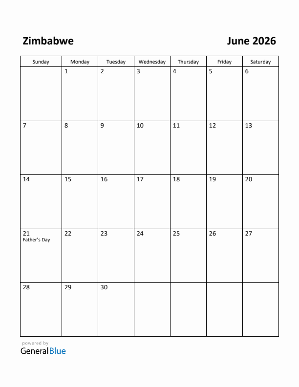 June 2026 Calendar with Zimbabwe Holidays