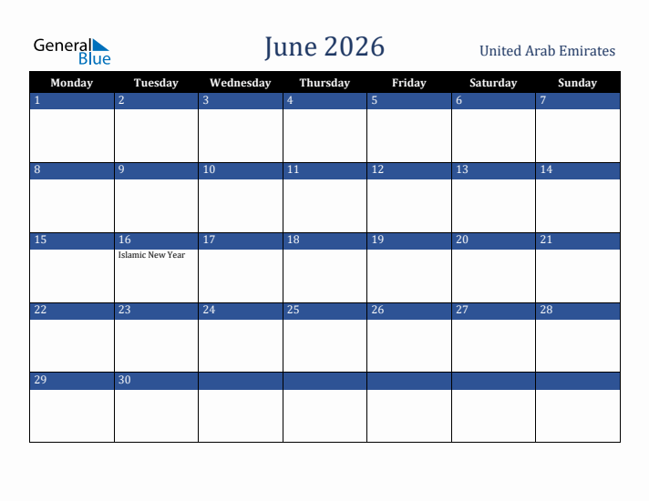 June 2026 United Arab Emirates Calendar (Monday Start)