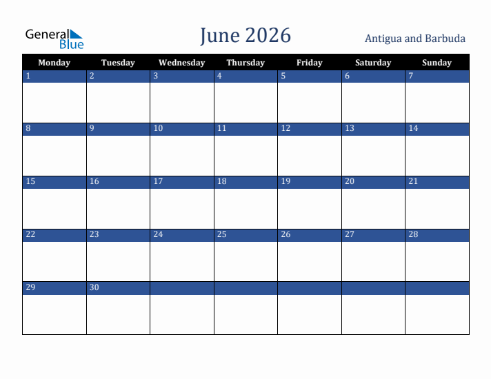 June 2026 Antigua and Barbuda Calendar (Monday Start)