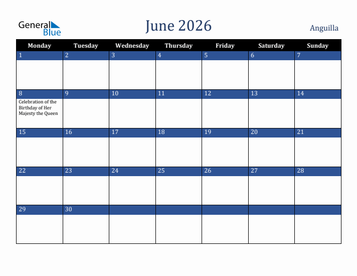June 2026 Anguilla Calendar (Monday Start)