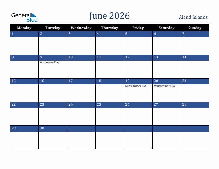 June 2026 Aland Islands Calendar (Monday Start)