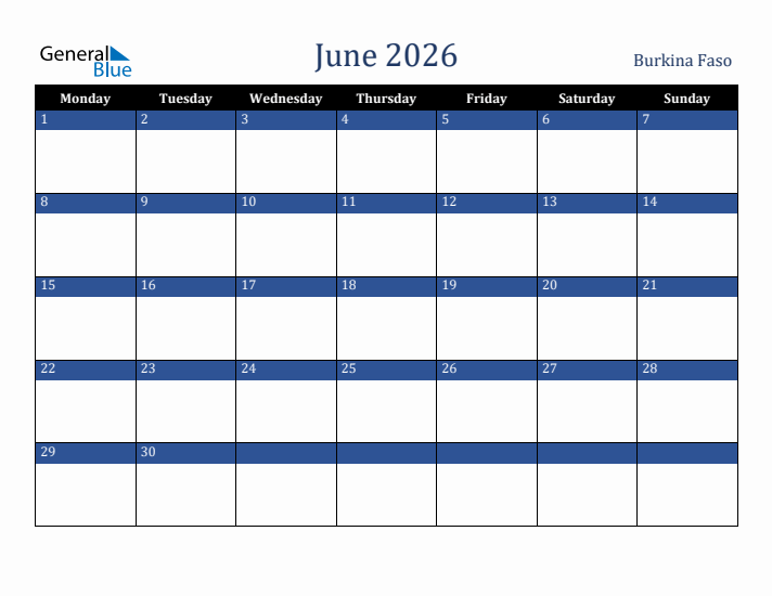 June 2026 Burkina Faso Calendar (Monday Start)
