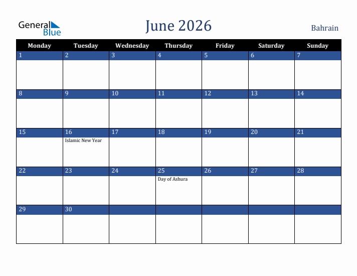 June 2026 Bahrain Calendar (Monday Start)
