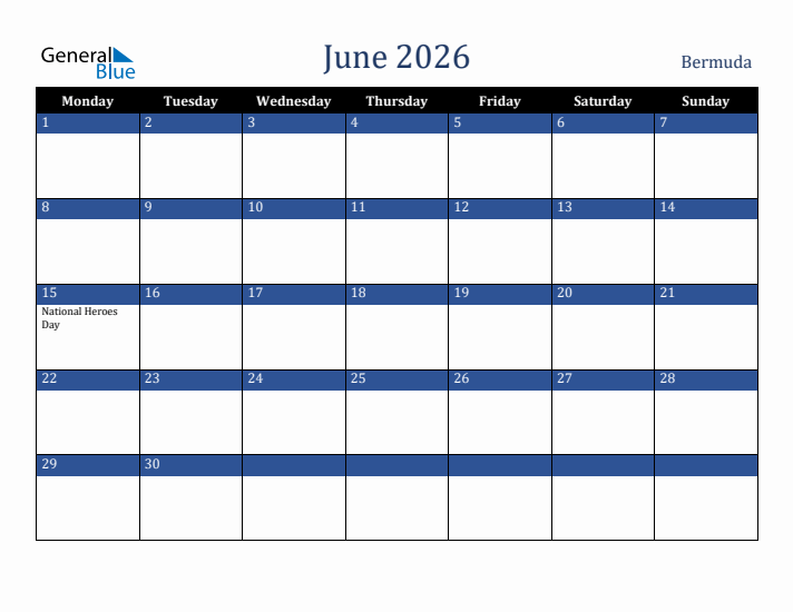 June 2026 Bermuda Calendar (Monday Start)