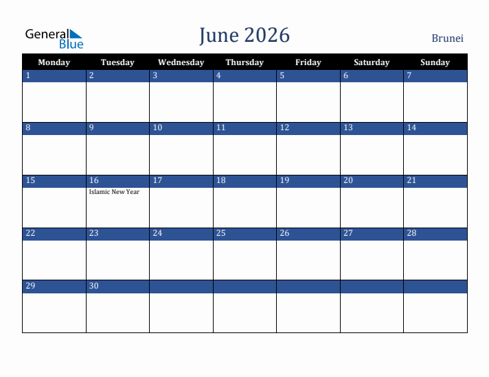 June 2026 Brunei Calendar (Monday Start)