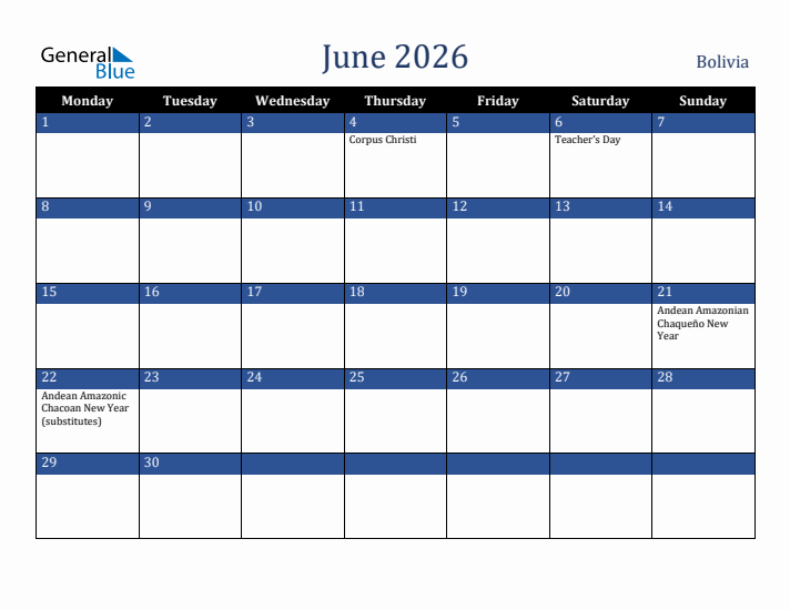 June 2026 Bolivia Calendar (Monday Start)