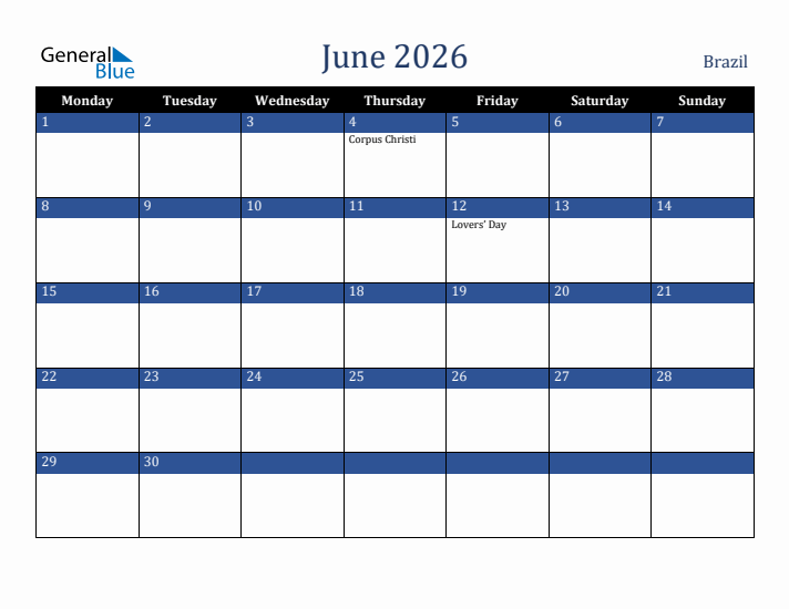 June 2026 Brazil Calendar (Monday Start)