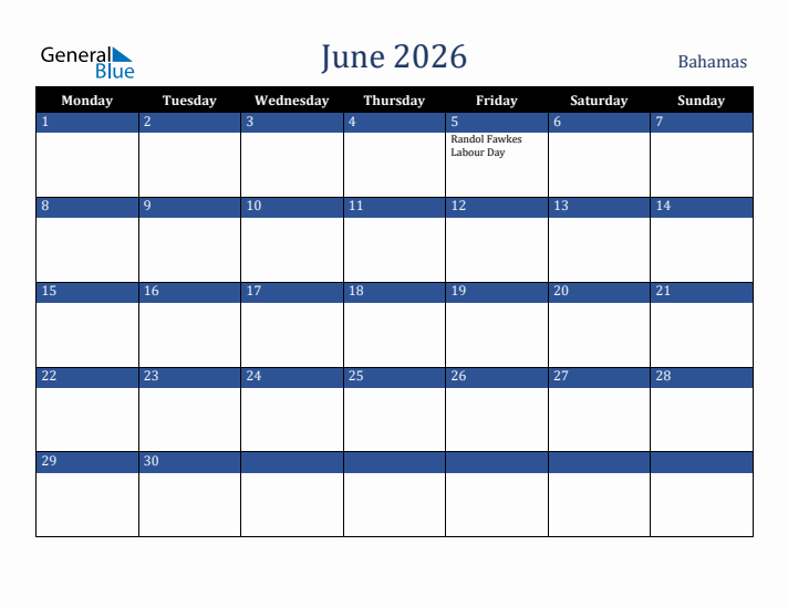 June 2026 Bahamas Calendar (Monday Start)