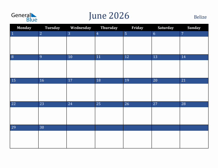 June 2026 Belize Calendar (Monday Start)