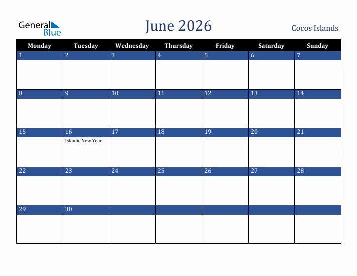 June 2026 Cocos Islands Calendar (Monday Start)