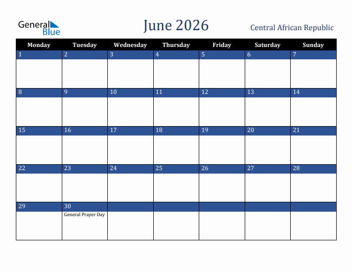 June 2026 Central African Republic Calendar (Monday Start)