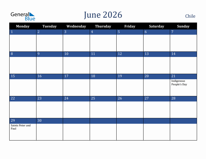 June 2026 Chile Calendar (Monday Start)
